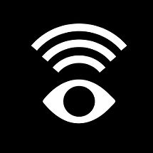 En symbol med ett vitt öga och tre böjda linjer ovanför det, liknande en wifi-signal, på en svart bakgrund. Symbolen representerar syntolkning eller tillgänglighet för synskadade.