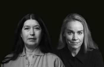 Porträtt på två skådespelare. Svartvitt foto.