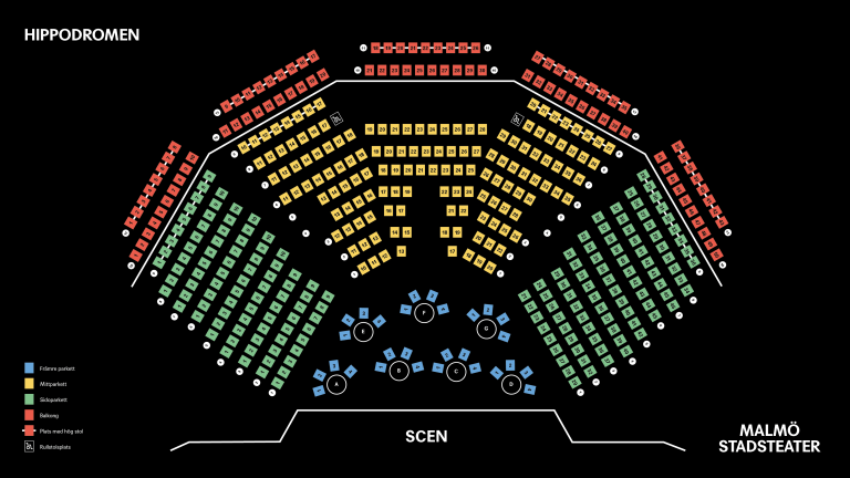 Salongskarta med sittplatser och stolsnummer utmarkerade.