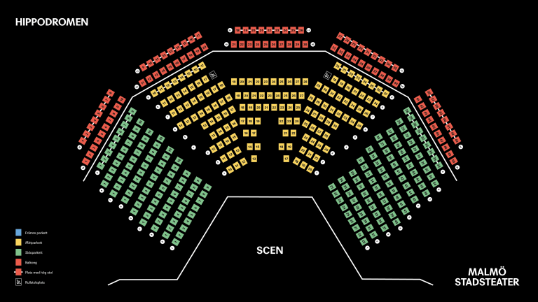 Salongskarta med sittplatserna utmarkerade med stolsnummer i olika sektioner