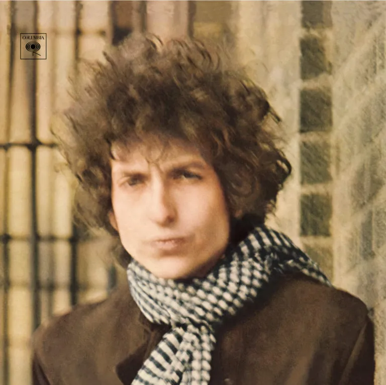 Skicomslag med bild på Bob Dylan med ruffsig frisyr i brun rock och svart vit rutig halsduk.