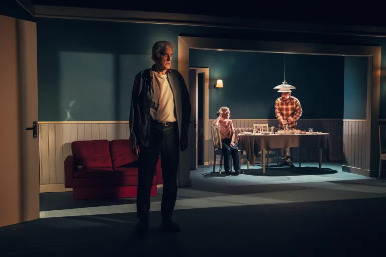 Person i förgrunden. I bakgrunden två personer vid ett matbord.