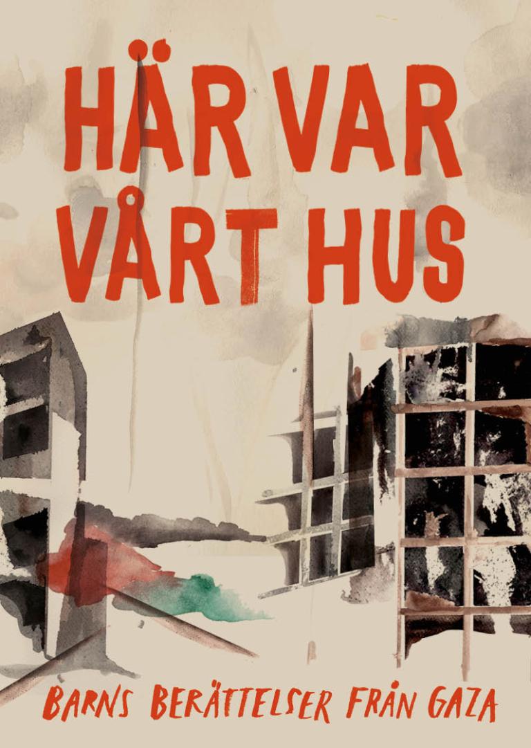 Bokomslag Här var vårt hus i röd text och hussiluetter i bakgrunden