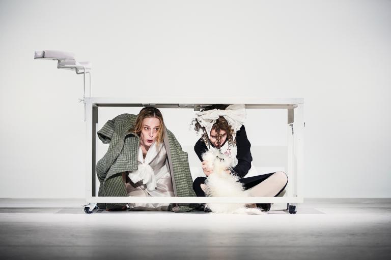 Två personer sitter hopkrupna under ett bord; en håller i en vit pälskatt.