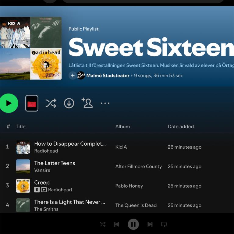 Skärmbild från Spotify, spellista Sweet Sixteen