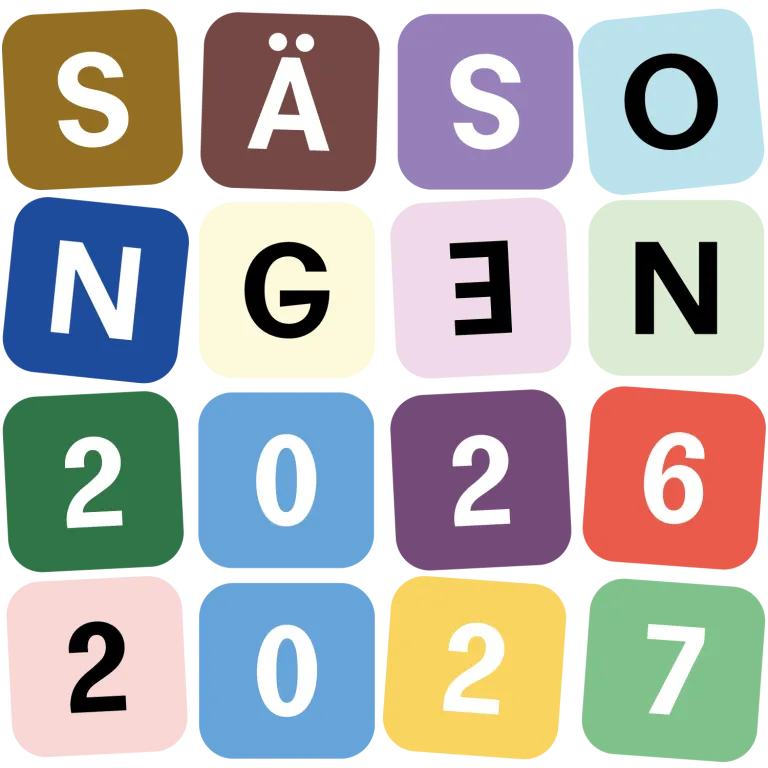 Grafisk bild med färgade rutor som ligger huller om buller och bildar "säsongen 2026-2027"