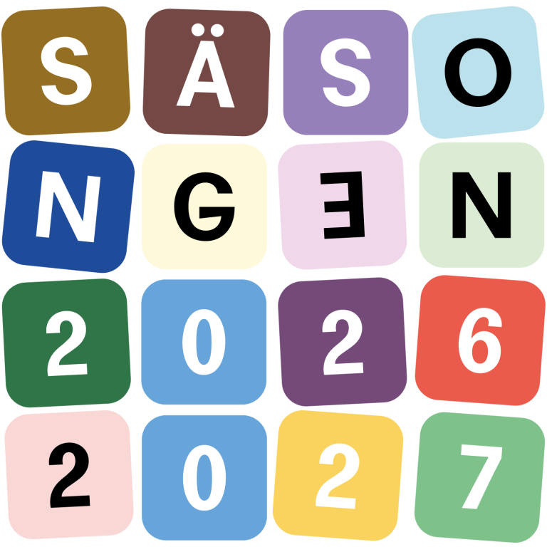 Grafisk bild med färgade rutor som ligger huller om buller och bildar "säsongen 2026-2027"