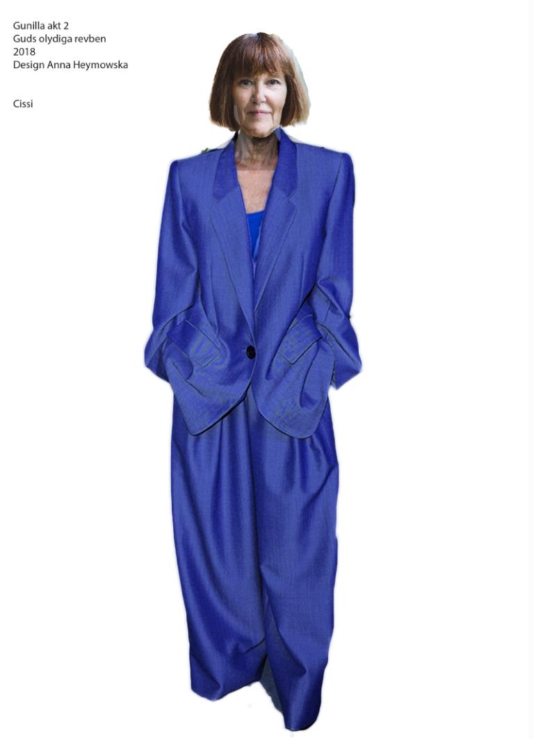 Kostymskiss föreställandes Gunilla Thorgren i blå, löst sittande kostym