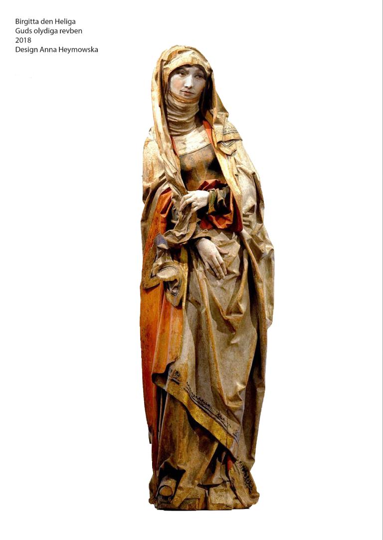 Kostymskiss. En kvinna i form av en ikon eller staty. Hon är draperad i tyg i guld, gult, orange och har en slöja i guld över huvudet.