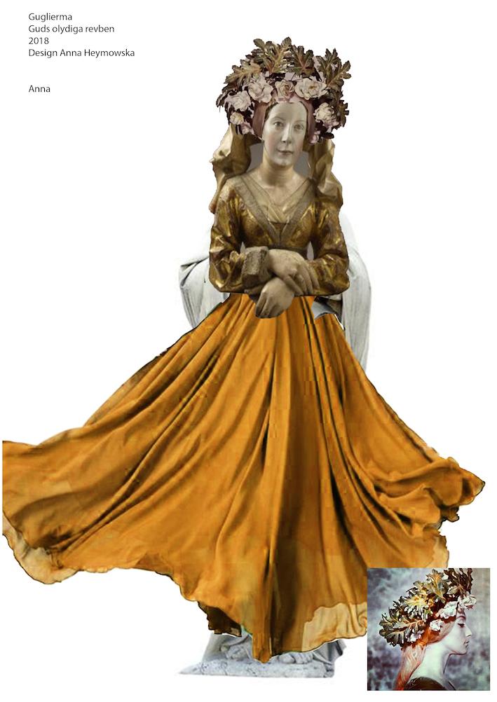 Kostymskiss föreställandes kvinna med gul kjol, guldfärgad överdel och en stor blomsterkrona med vit lång slöja. Kollage av gammal staty och bilder på kläder. Även en liten profilbild på huvud med blomsterkrona
