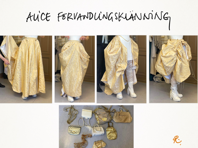 Fotoserie från kostymprovning där en klänning i vitt och guld förvandlas genom att den knäpps på olika sätt.