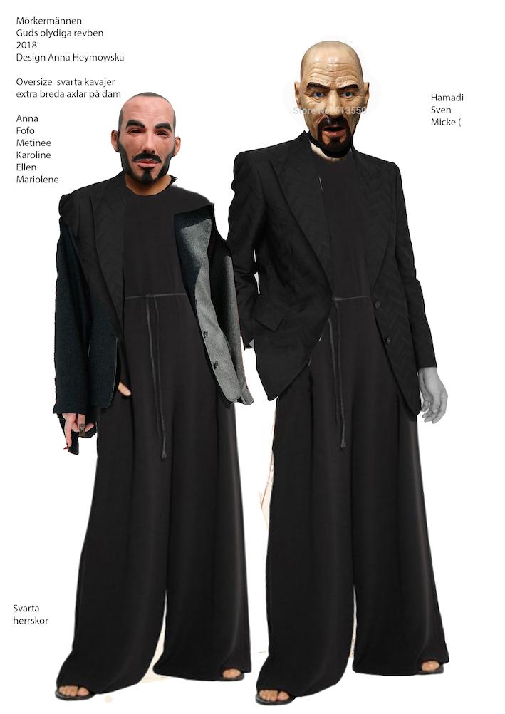 Kostymskiss föreställandes två personer i svarta byxdresser med svarta uppknäppta kavajer över. De är iklädda masker föreställandes mansansikten med ett hårt uttryck