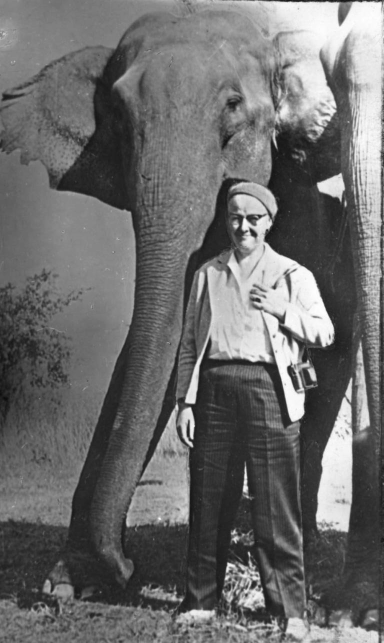 Reportageresa Barbro står bredvid en elefant.