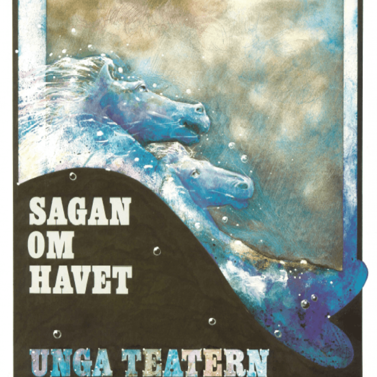 Affisch från föreställningen Sagan om havet där det finns en bild av stor våg. 