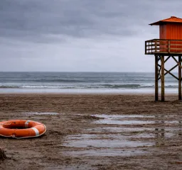 Bild på öde strand med en livboj och badvaktstorn