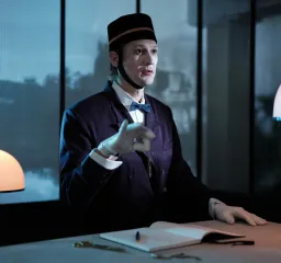 En skådespelare i mörk kostym och hatt sitter vid ett bord med en uppslagen bok och gestikulerar.