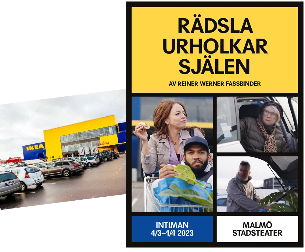 Affisch på kampanjbilder utan för Ikea och en bild från platsen