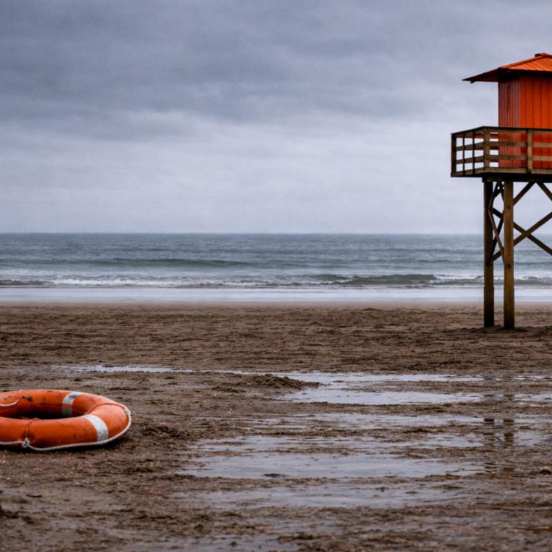 Bild på öde strand med en livboj och badvaktstorn