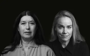 Porträtt på två skådespelare. Svartvitt foto.