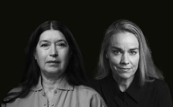 Porträtt på två skådespelare. Svartvitt foto.